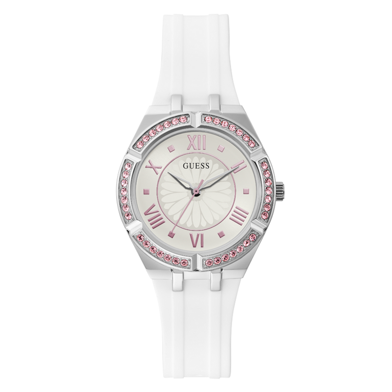 Guess Sparkling Silver Dial White Rubber Strap Watch For Women - GW0032L1 Buy Now By Guess