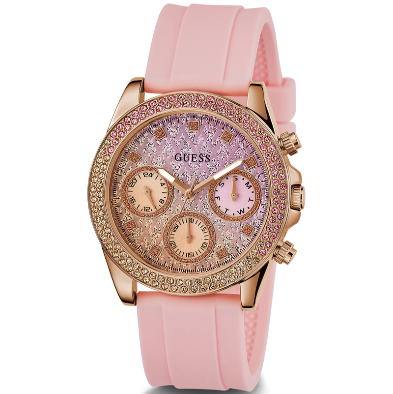 Guess Sparkling Chronograph Crystals Pink Dial Pink Silicone Strap Watch For Women - GW0032L4 Buy Now By Guess