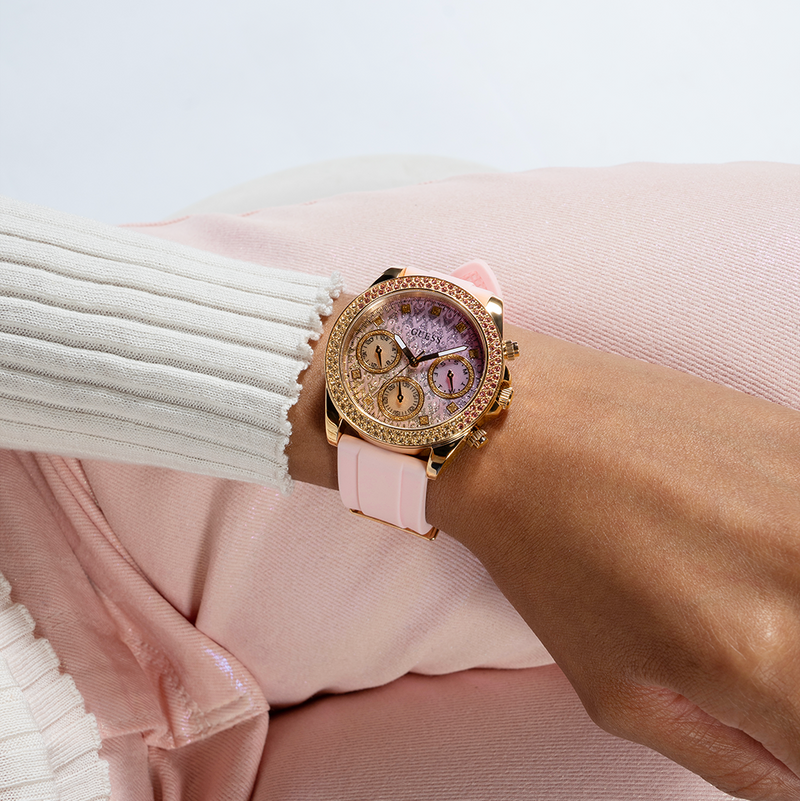 Guess Sparkling Chronograph Crystals Pink Dial Pink Silicone Strap Watch For Women - GW0032L4 Buy Now By Guess