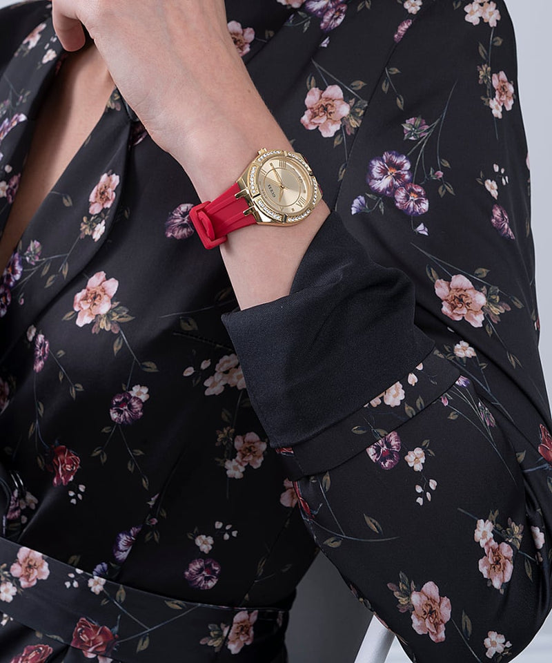 Guess Cosmo Diamonds Gold Dial Red Rubber Strap Watch for Women - GW0034L6 Buy Now By Guess