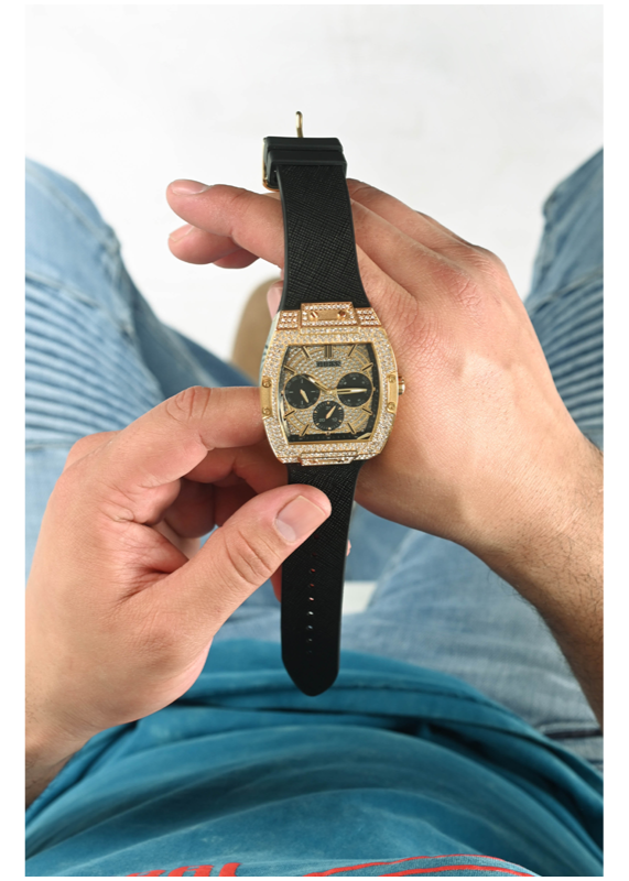 Guess Phoenix Multifunction Crystals Gold Dial Black Silicone Strap Watch For Men - GW0048G2 Buy Now By Guess