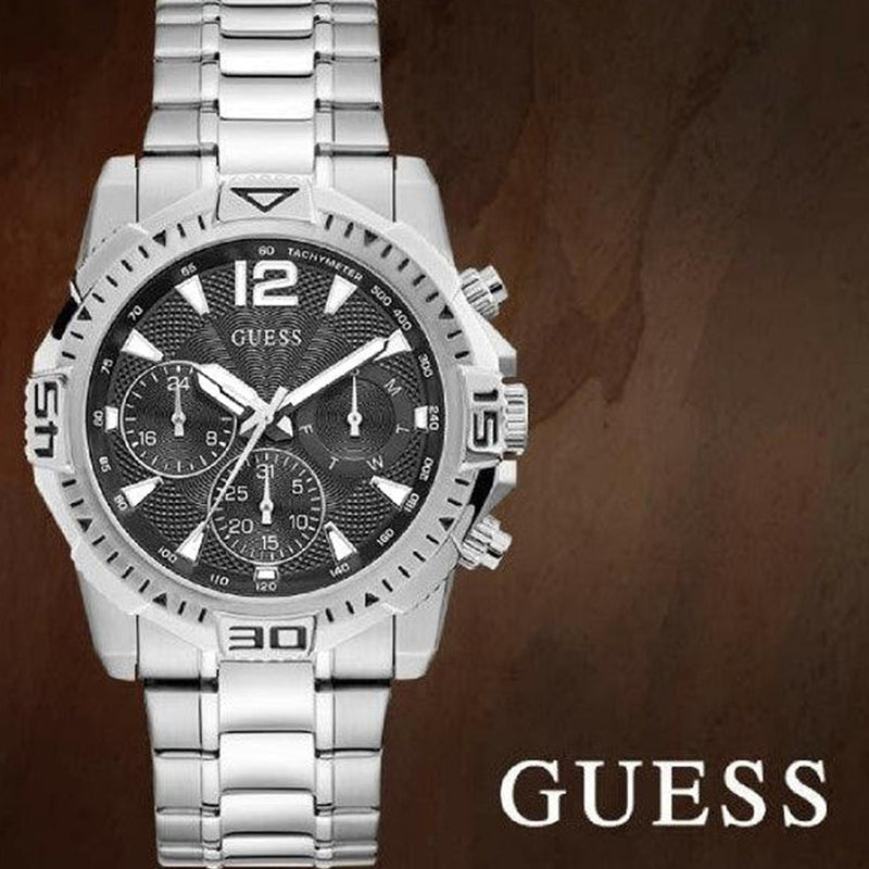 Shop Guess Commander Chronograph Black Dial Silver Steel Strap Watch for Men - GW0056G1 in USA