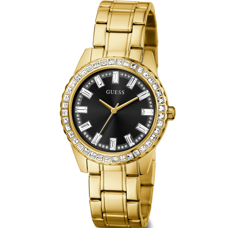 Guess Sparkler Diamonds Black Dial Gold Steel Strap Watch for Women - GW0111L2 Buy Now By Guess