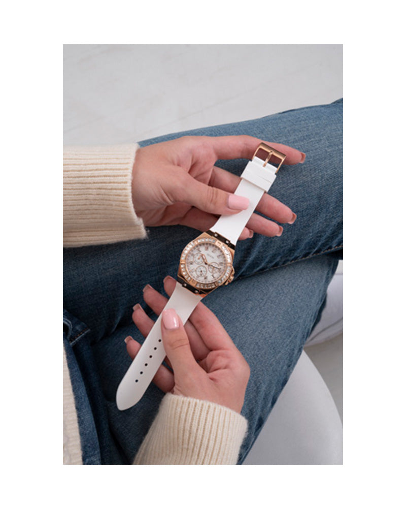 Guess Swirl Quartz Silver Dial White Rubber Strap Watch For Women - W1096l2 Buy Now By Guess