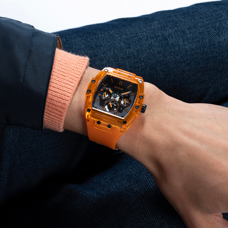 Guess Phoenix Multifunction Black Dial Orange Rubber Strap Watch For Men - GW0203G10 Buy Now By Guess