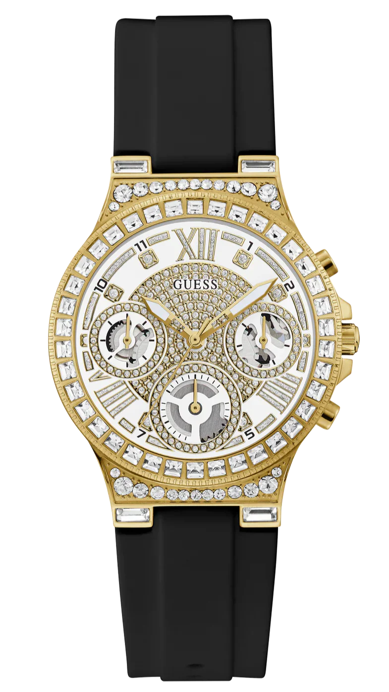 Guess Moonlight Crystals Silver Dial Black Silicone Strap Watch For Women - GW0257L1 Buy Now By Guess