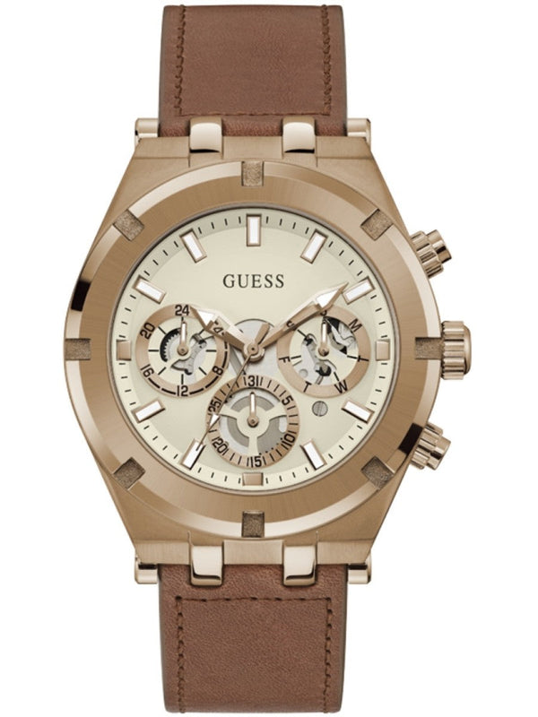 Shop Guess Analog Multifunction White Dial Brown Leather Strap Watch for Men - GW0262G3 in USA