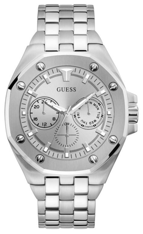 Shop Guess Analog Quartz Silver Dial Silver Steel Strap Watch For Men - U0377G1 in USA