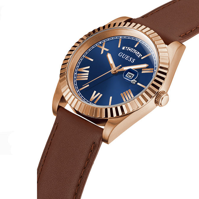Guess Connoisseur Blue Dial Brown Leather Strap Watch For Men - GW0353G2 Buy Now By Guess
