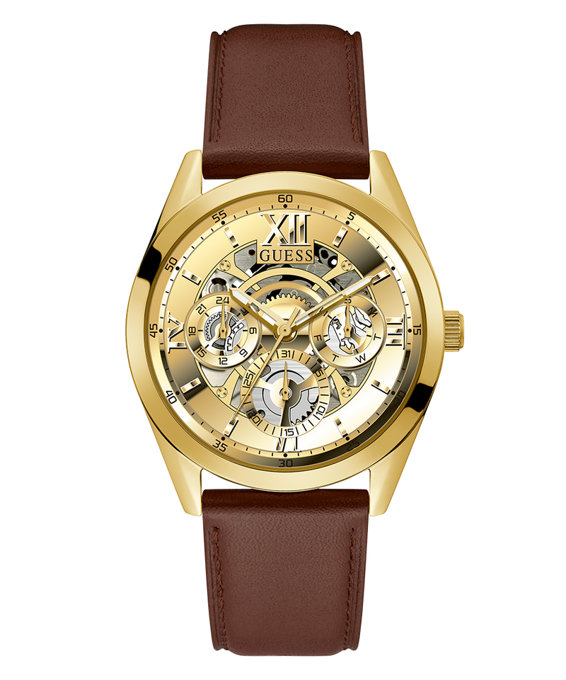 Guess Multifunction Chronograph Gold Dial Brown Leather Strap Watch For Men - GW0389G5 Buy Now By Guess