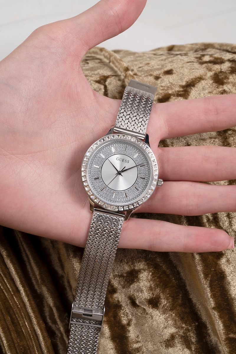 Shop Guess Soiree Diamonds Silver Dial Silver Mesh Bracelet Watch for Women - GW0402L1 in USA