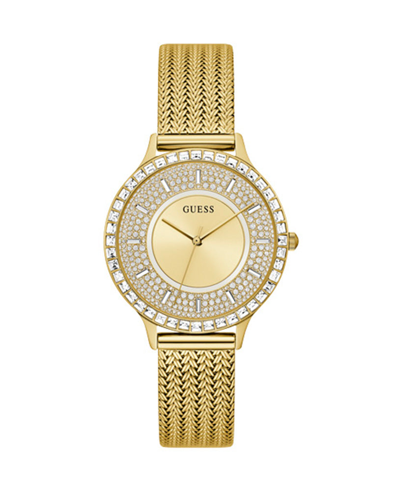 Shop Guess Soiree Diamonds Gold Dial Gold Mesh Bracelet Watch for Women - GW0402L2 in USA