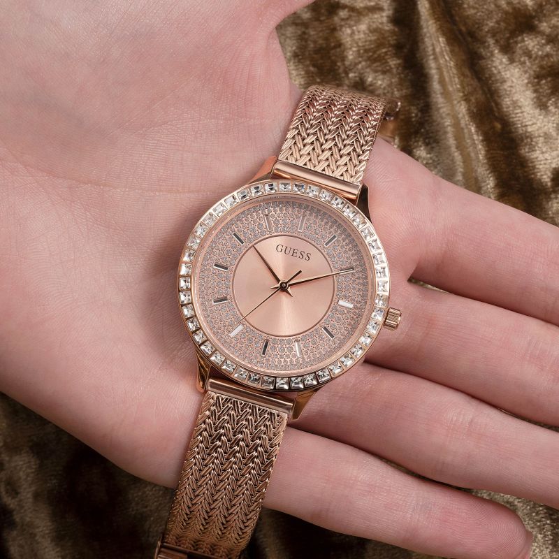 Shop Guess Soiree Diamonds Rose Gold Dial Rose Gold Mesh Bracelet Watch for Women - GW0402L3 in USA