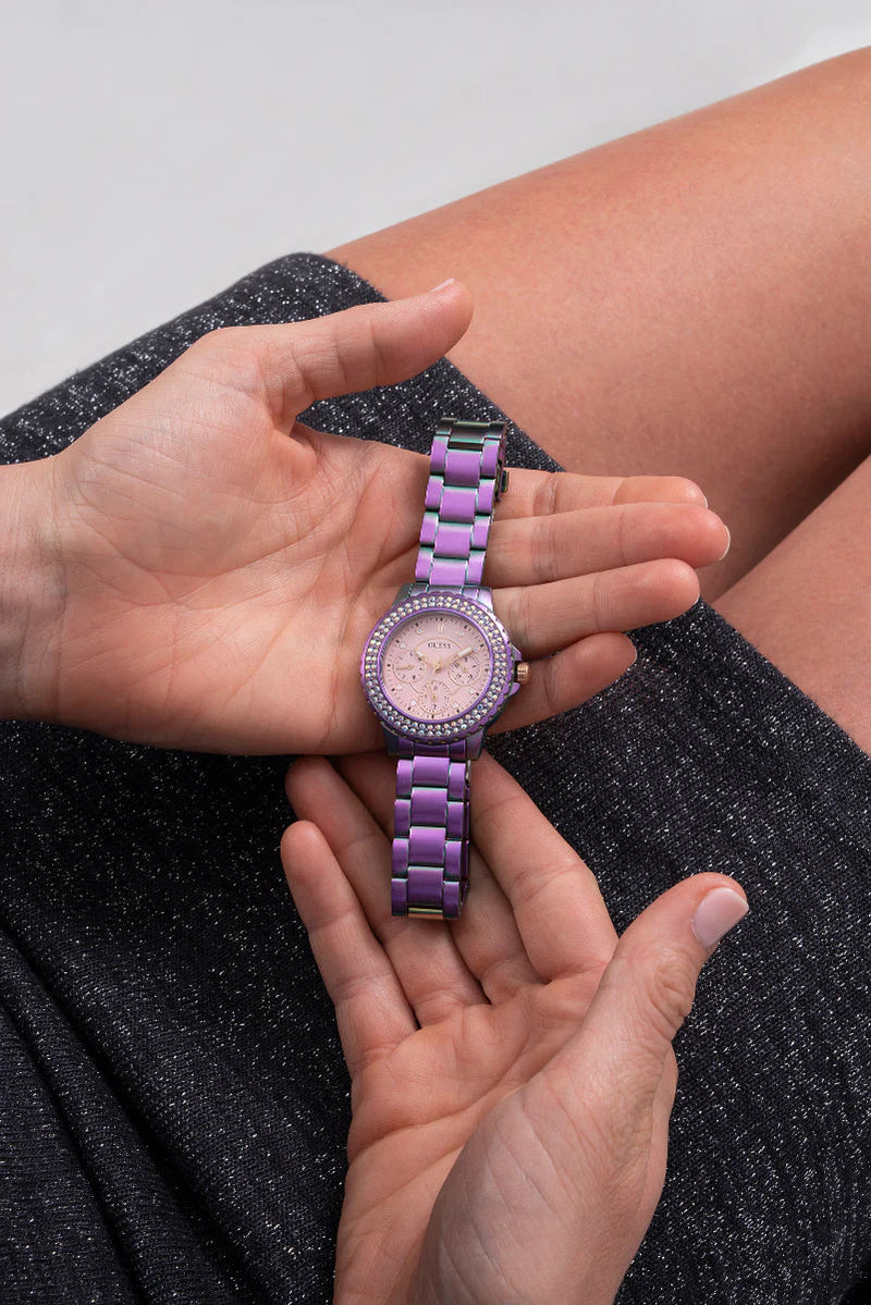 Shop Guess Crown Jewel Diamonds Purple Dial Purple Steel Strap Watch for Women - GW0410L4 in USA
