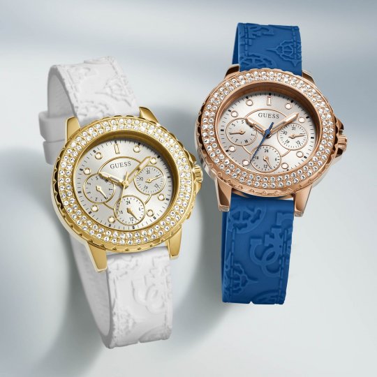 Guess Crown Jewel Diamonds White Dial Blue Rubber Strap Watch for Women - GW0411L2 Buy Now By Guess
