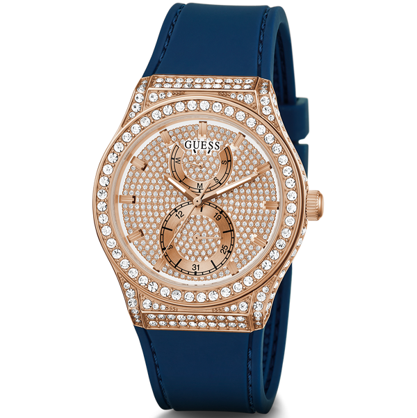 Guess Multifunction Crystals Rose Gold Dial Blue Rubber Strap Watch For Women - GW0439L4 Buy Now By Guess
