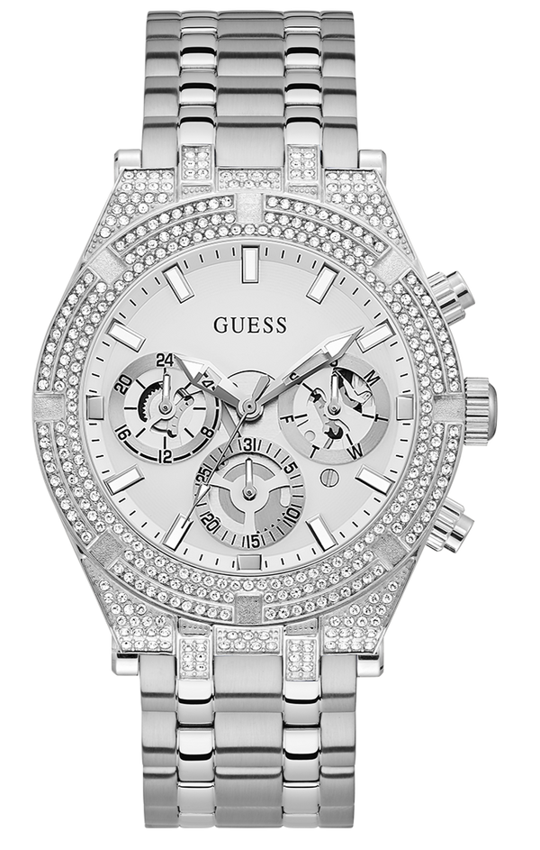 Guess Multi Function Diamonds Silver Dial Silver Steel Strap Watch For Men - GW0455G1 Buy Now By Guess