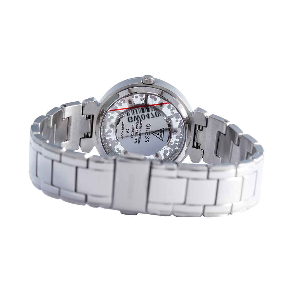 Guess Night Life Clear Silver Dial Silver Steel Strap Watch for Women - GW0470L1