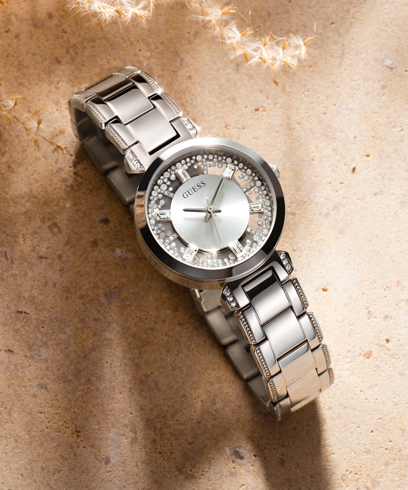 Guess Night Life Clear Silver Dial Silver Steel Strap Watch for Women - GW0470L1 Buy Now By Guess