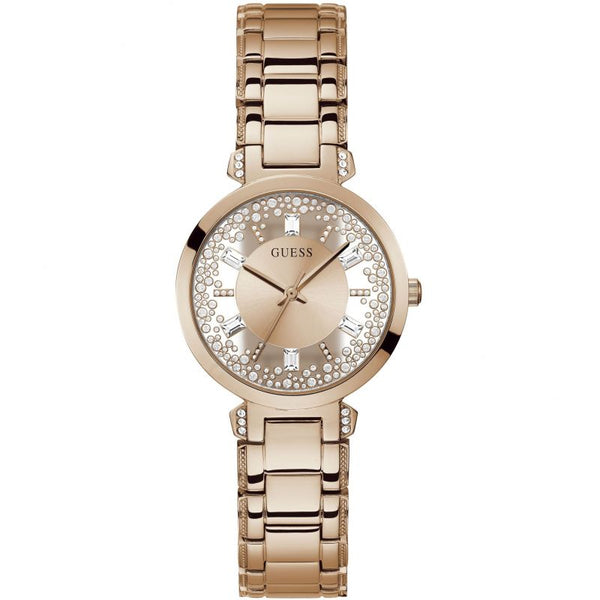 Shop Guess Crystal Clear Rose Gold Dial Rose Gold Steel Strap Watch for Women - GW0470L3 in USA
