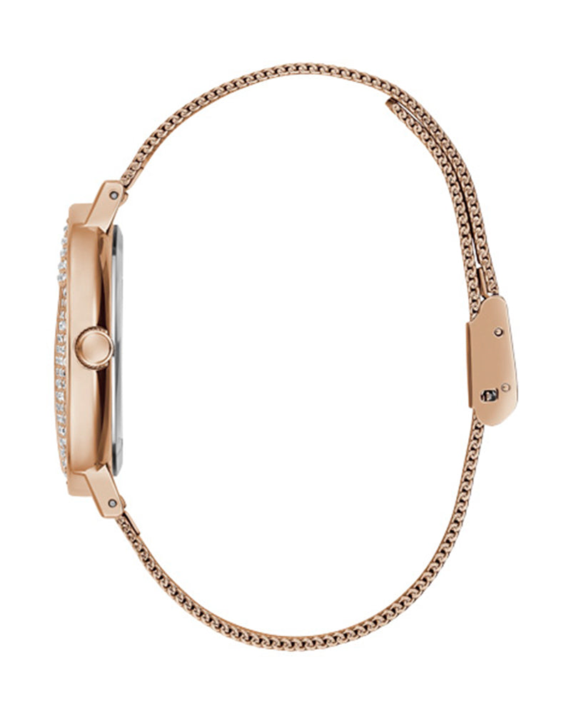 Guess Iconic Diamonds Rose Gold Dial Rose Gold Mesh Bracelet Watch For Women - GW0477L3 Buy Now By Guess
