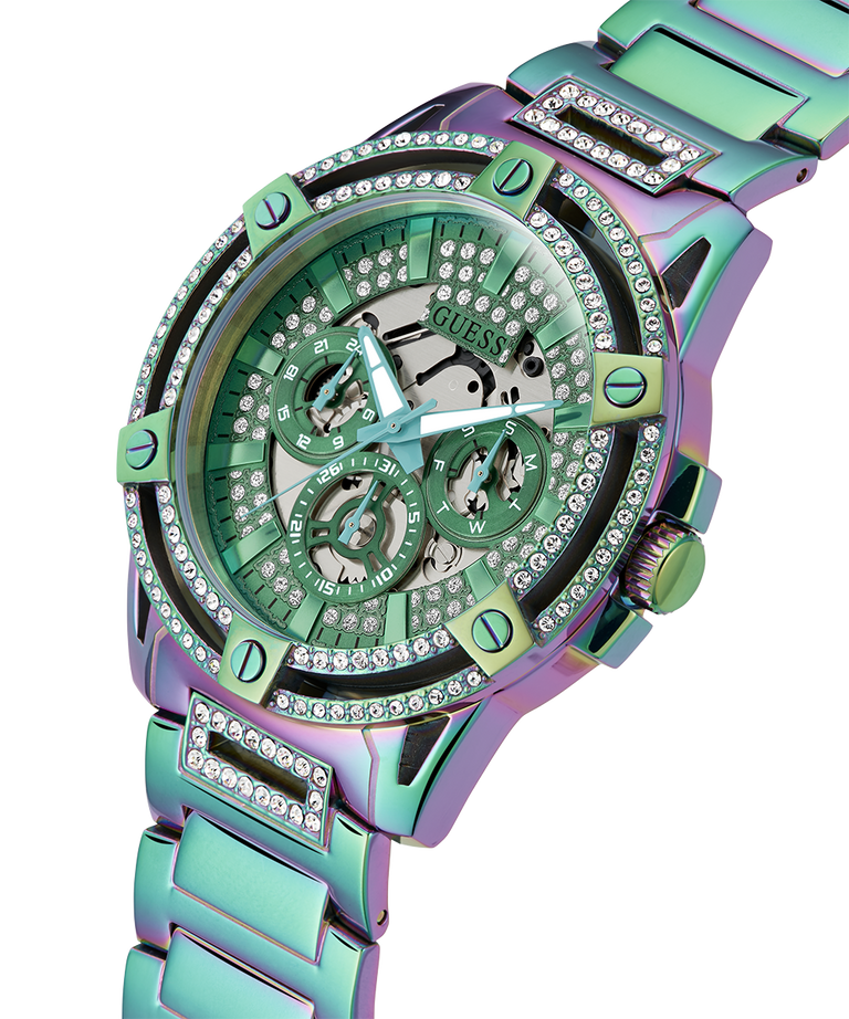 Guess King Iridescent Multifunction Multicolor Dial Purple Steel Strap Watch For Men - GW0497G3 Buy Now By Guess
