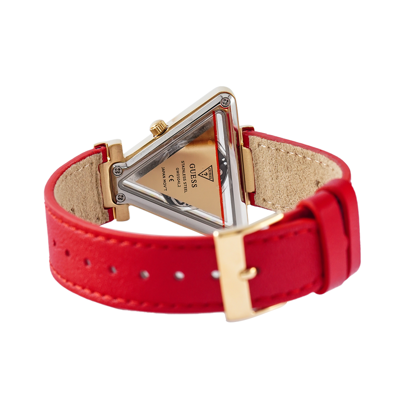 Guess Fame Quartz Gold Dial Red Leather Strap Watch For Women - GW0504L2