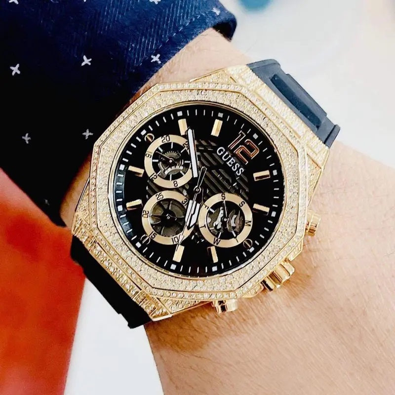 Guess Momentum Chronograph Diamonds Black Dial Black Silicone Strap Watch For Men - GW0518G2 Buy Now By Guess