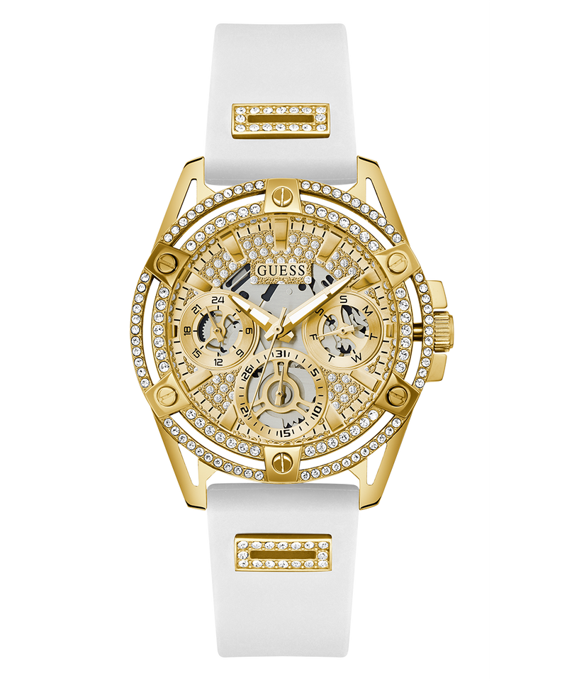 Guess Queen Quartz Gold Dial White Silicone Strap Watch For Women - GW0536L2 Buy Now By Guess