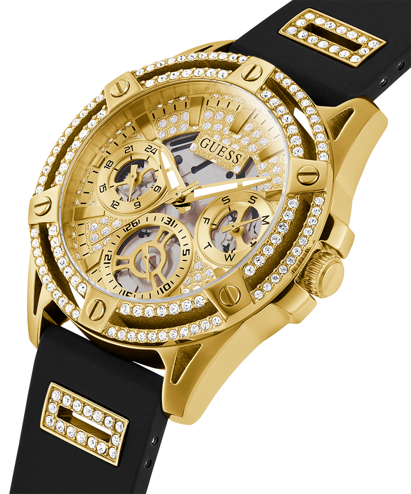 Guess Queen Quartz Gold Dial Black Silicone Strap Watch For Women - GW0536L3 Buy Now By Guess