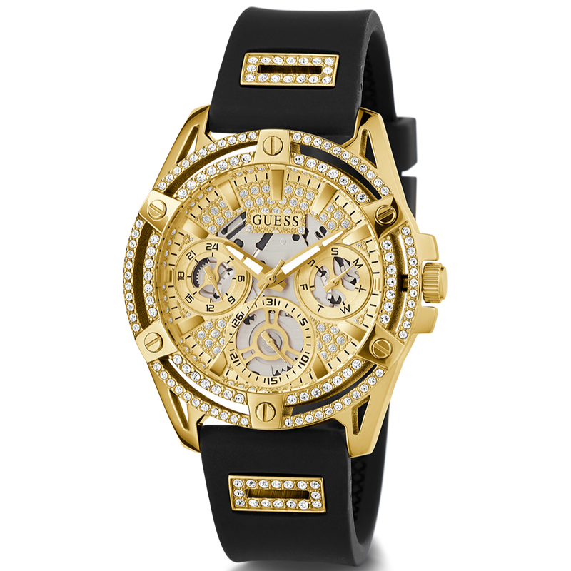 Guess Queen Quartz Gold Dial Black Silicone Strap Watch For Women - GW0536L3 Buy Now By Guess