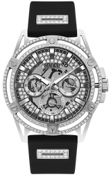 Guess King Quartz Crystals Silver Dial Black Silicone Strap Watch For Men - GW0537G1 Buy Now By Guess