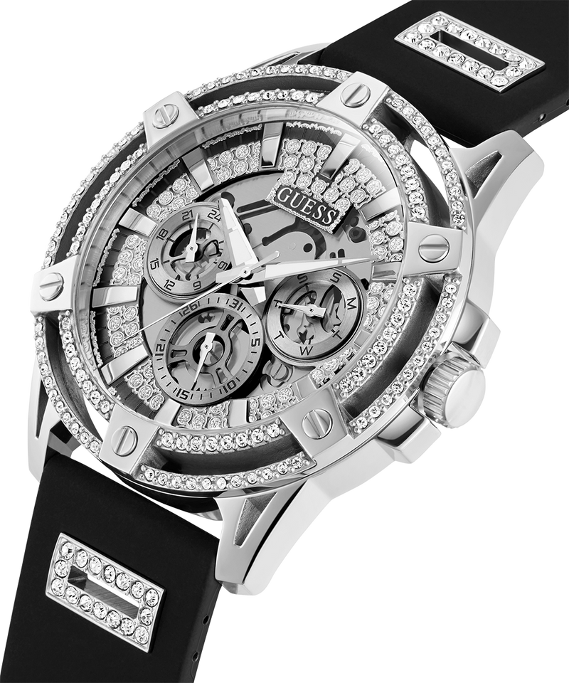 Guess King Quartz Crystals Silver Dial Black Silicone Strap Watch For Men - GW0537G1 Buy Now By Guess
