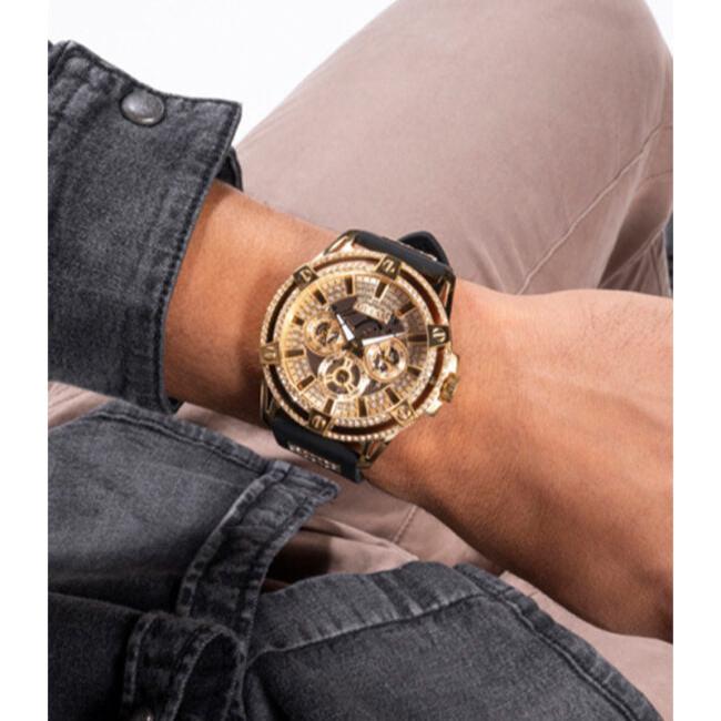 Guess King Quartz Crystals Gold Dial Black Silicone Strap Watch For Men - GW0537G2 Buy Now By Guess