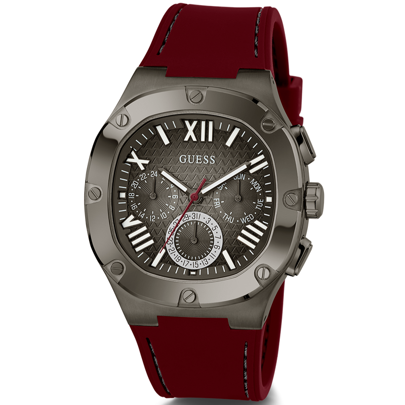 Guess Headline Multifunction Grey Dial Burgundy Silicone Strap Watch For Men - GW0571G4 Buy Now By Guess