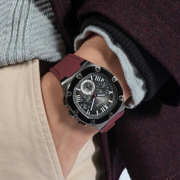 Guess Headline Multifunction Grey Dial Burgundy Silicone Strap Watch For Men - GW0571G4 Buy Now By Guess