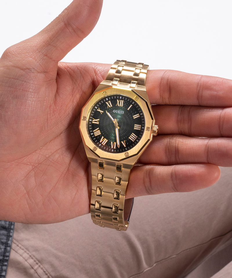 Guess Asset Quartz Green Dial Gold Steel Strap Watch For Men - GW0575G2 Buy Now By Guess