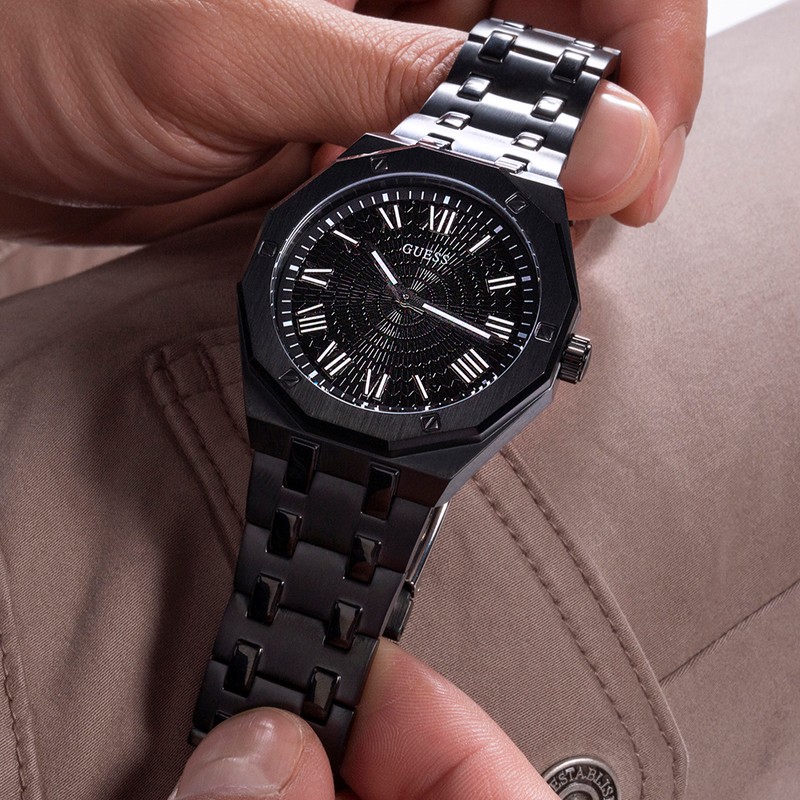 Shop Guess Asset Quartz Black Dial Black Steel Strap Watch For Men - GW0575G3 in USA