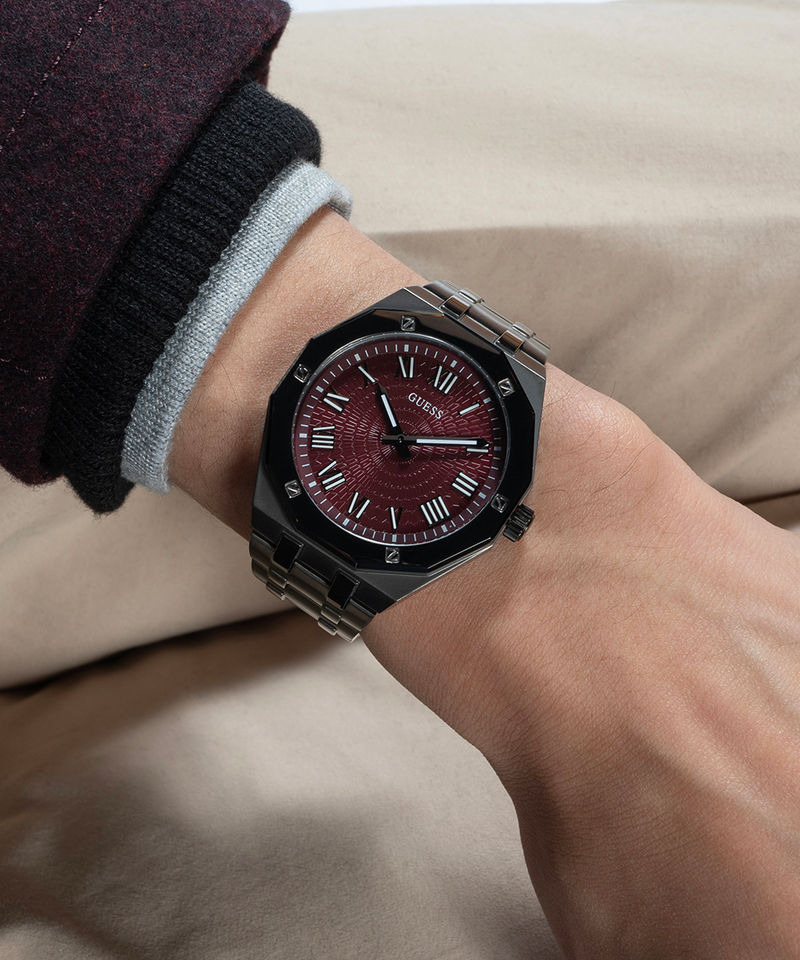 Guess Asset Quartz Red Dial Black Steel Strap Watch For Men - GW0575G5 Buy Now By Guess
