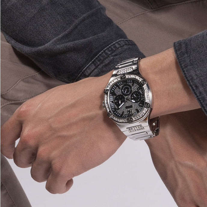 Guess Duke Glitz Black Dial Silver Steel Strap Watch For Men - GW0576G1 Buy Now By Guess