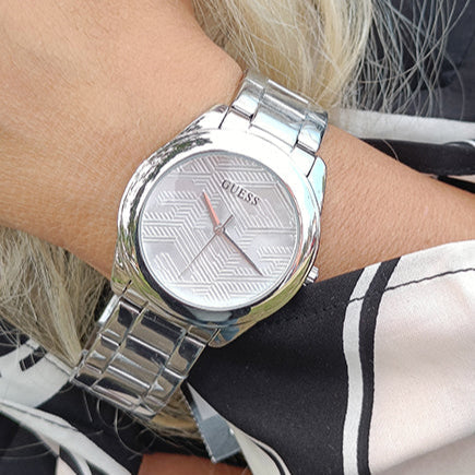 Shop Guess Cubed Analog Silver Dial Silver Steel Strap Watch For Women - GW0606L1 in USA