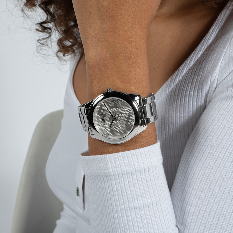 Shop Guess Cubed Analog Silver Dial Silver Steel Strap Watch For Women - GW0606L1 in USA