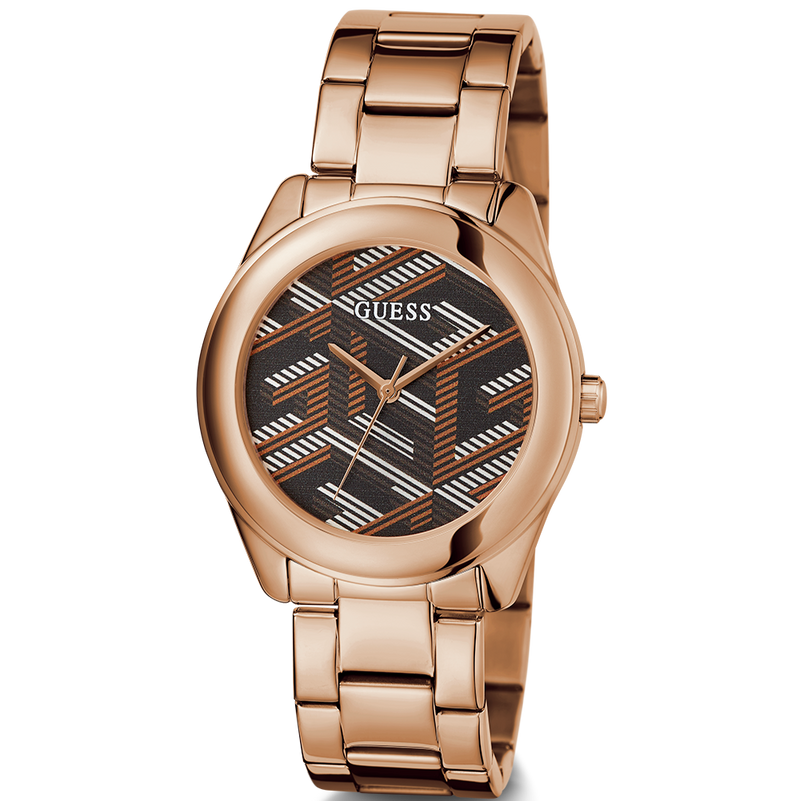 Shop Guess Cubed Analog Black Dial Rose Gold Steel Strap Watch For Women - GW0607L3 in USA