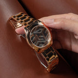 Shop Guess Cubed Analog Black Dial Rose Gold Steel Strap Watch For Women - GW0607L3 in USA
