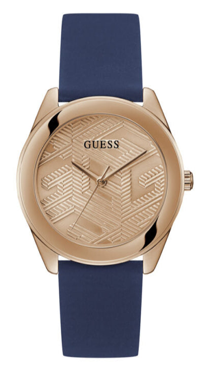 Shop Guess Cubed Analog Rose Gold Dial Blue Leather Strap Watch For Women - GW0665L2 in USA