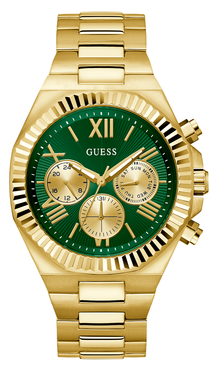Guess Equity Analog Green Dial Gold Steel Strap Watch For Men - GW0703G2 Buy Now By Guess