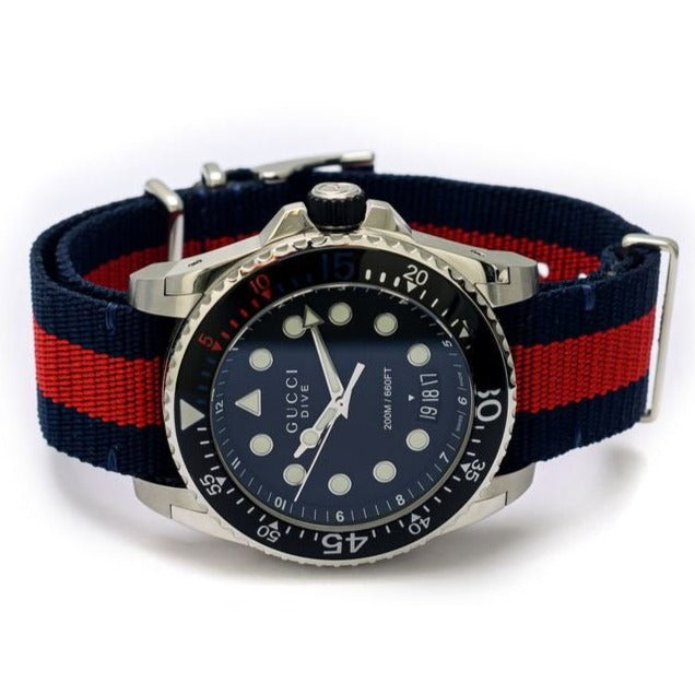 Shop Gucci Dive Black Dial Red & Blue Nylon Strap Watch For Men - YA136210 in USA