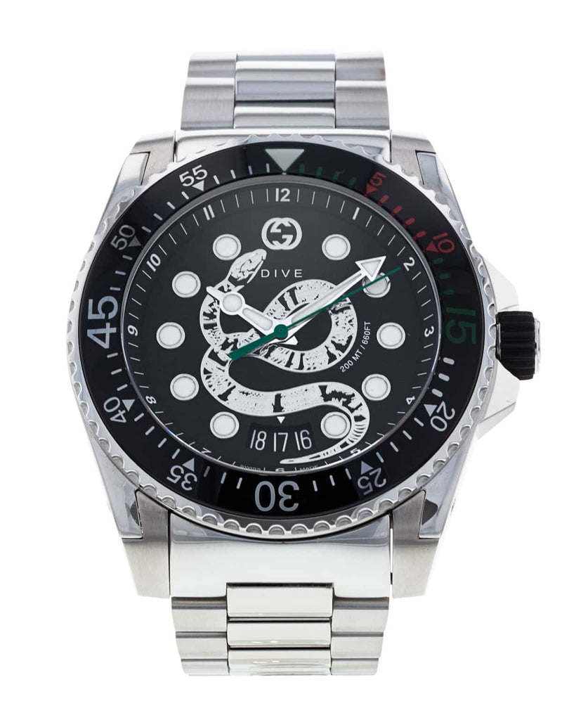 Shop Gucci Dive Snake Black Dial Silver Steel Strap Watch For Men - YA136218 in USA