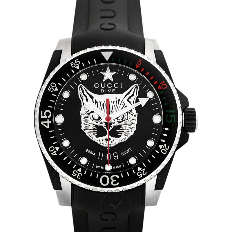 Shop Gucci Dive Feline Black Dial Black Rubber Strap Watch For Men - YA136320 in USA