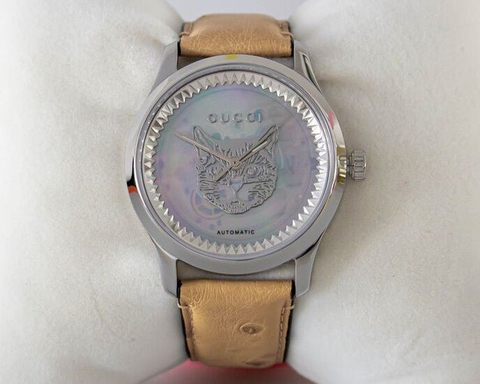 Gucci G Timeless Automatic Mother of Pearl Dial Brown Leather Strap Watch For Women - YA1264112 Buy Now By Gucci
